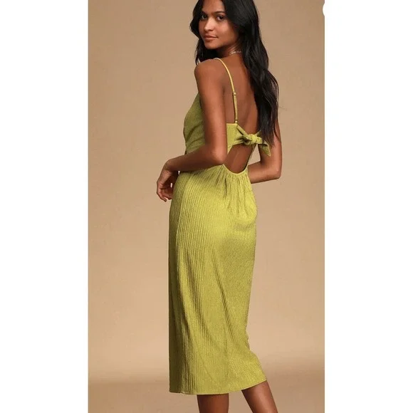 Lulu Chartreuse Green Faux Wrap Midi Dress Tie Back Size Medium D14100 - Picture 4 of 16